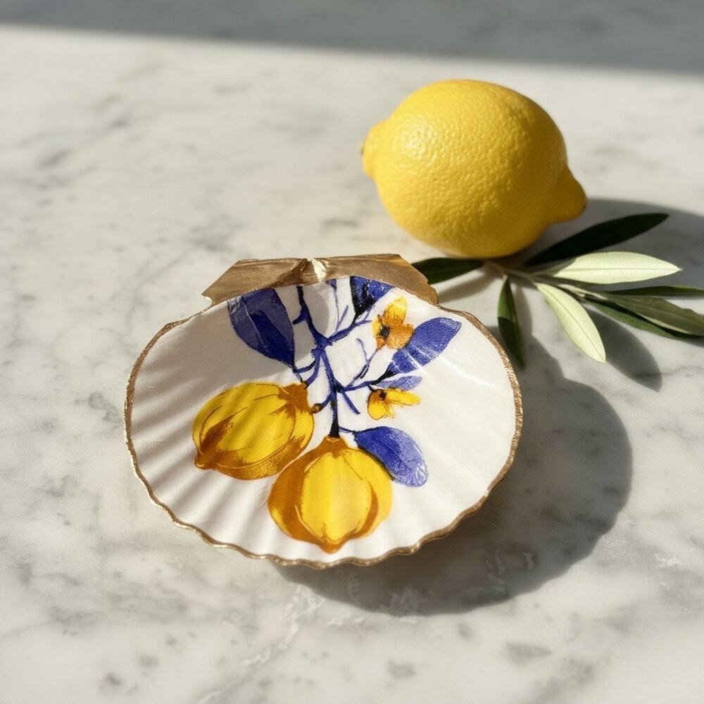 Lemon Shell Trinket Dish, Blue Yellow Mediterranean Ring Dish